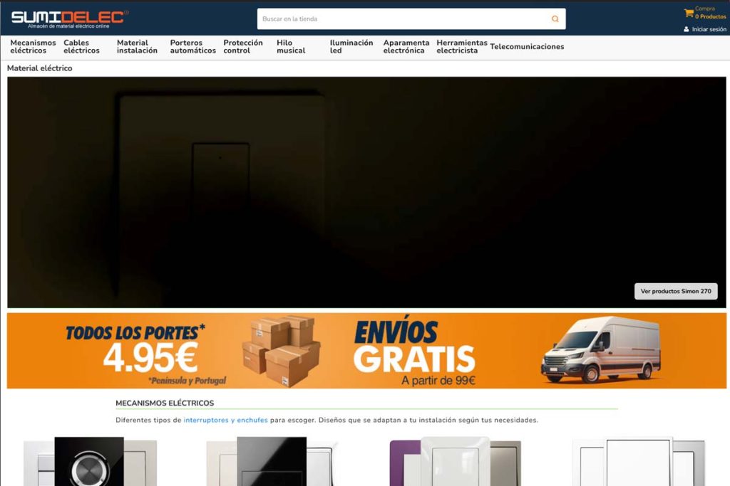 Captura de pantalla de la tienda online de material eléctrico Sumidelec